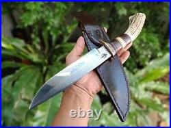 Custom bowie pocket hunting knife 7.7 Germany saw forged steel, Stag, L sheath