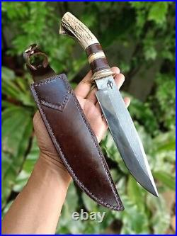 Custom bowie pocket hunting knife 7.7 Germany saw forged steel, Stag, L sheath