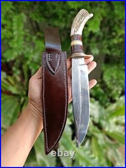 Custom bowie pocket hunting knife 7.7 Germany saw forged steel, Stag, L sheath