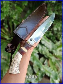 Custom bowie pocket hunting knife 7.7 Germany saw forged steel, Stag, L sheath