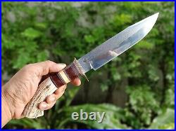 Custom bowie pocket hunting knife 7.7 Germany saw forged steel, Stag, L sheath