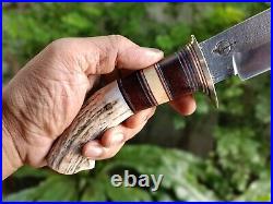 Custom bowie pocket hunting knife 7.7 Germany saw forged steel, Stag, L sheath