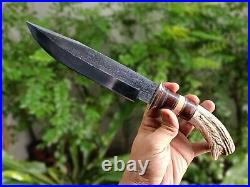 Custom bowie pocket hunting knife 7.7 Germany saw forged steel, Stag, L sheath