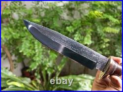 Custom bowie pocket hunting knife 7.7 Germany saw forged steel, Stag, L sheath