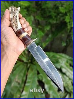 Custom bowie pocket hunting knife 7.7 Germany saw forged steel, Stag, L sheath