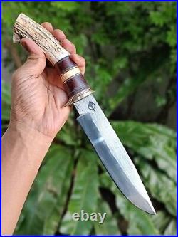 Custom bowie pocket hunting knife 7.7 Germany saw forged steel, Stag, L sheath