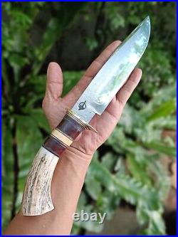 Custom bowie pocket hunting knife 7.7 Germany saw forged steel, Stag, L sheath