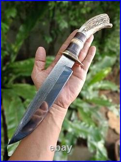 Custom bowie pocket hunting knife 7.7 Germany saw forged steel, Stag, L sheath