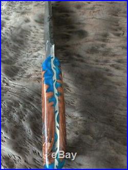 Custom made Damascus Cutlery Steel/ Elk Horn/ Pinecone with Sky blue resin