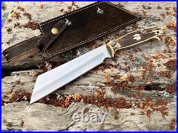 D2 Steel Fixed Blade Viking Seax Knife with Stag Horn Handle With Leather Sheath