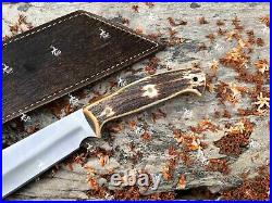 D2 Steel Fixed Blade Viking Seax Knife with Stag Horn Handle With Leather Sheath
