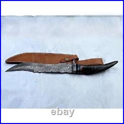 Damascus Steel Knife Horn Bowie Hunting Knife with Sheath