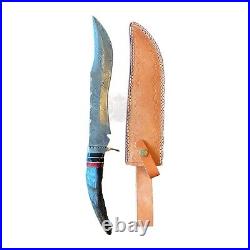 Damascus Steel Knife Horn Bowie Hunting Knife with Sheath