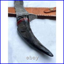 Damascus Steel Knife Horn Bowie Hunting Knife with Sheath