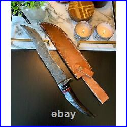 Damascus Steel Knife Horn Bowie Hunting Knife with Sheath