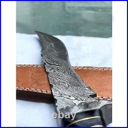 Damascus Steel Knife Horn Bowie Hunting Knife with Sheath