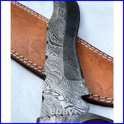 Damascus Steel Knife Horn Bowie Hunting Knife with Sheath