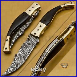 Damascus Steel Liner Lock Folding Pocket Knife With Black Horn Handle lot of 5