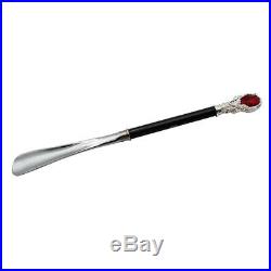 Deluxe Long Metal Shoe Horn Lifter Shoehorn with Schima Wood & Large Ruby Handle