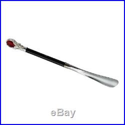 Deluxe Long Metal Shoe Horn Lifter Shoehorn with Schima Wood & Large Ruby Handle