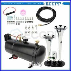 Dual Trumpet Loud Complete System Air Train Horn Kit With 120 PSI Air Compressor