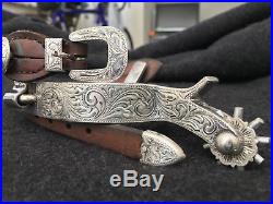E Garcia, Elko Nevada Silver Inlay Spurs with Broken Horn Silver Straps