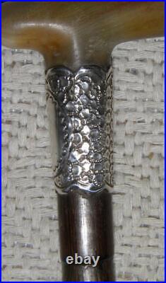 Edwardian Hallmarked 1909 Silver Ladies Bovine Horn Walking Stick Cane / Stick