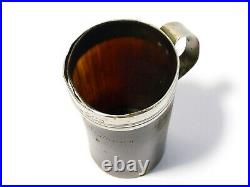 Engraved Elizabeth A Heselton 1850 Cow Horn Cup with Plated Collar & Handle