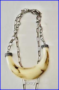 Ethnic Boho Huge Beige Resin Tribal Horn Silver Necklace with Long Link Chain C