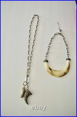 Ethnic Boho Huge Beige Resin Tribal Horn Silver Necklace with Long Link Chain C