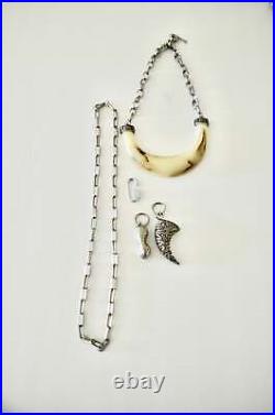 Ethnic Boho Huge Beige Resin Tribal Horn Silver Necklace with Long Link Chain C