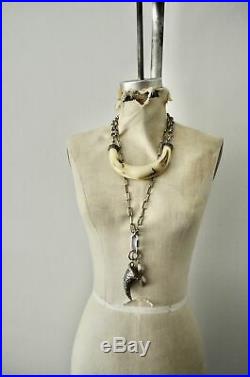 Ethnic Boho Huge Beige Resin Tribal Horn Silver Necklace with Long Link Chain Ca