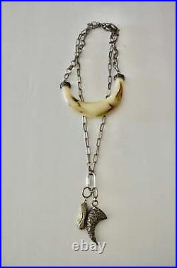 Ethnic Boho Huge Beige Resin Tribal Horn Silver Necklace with Long Link Chain Ca