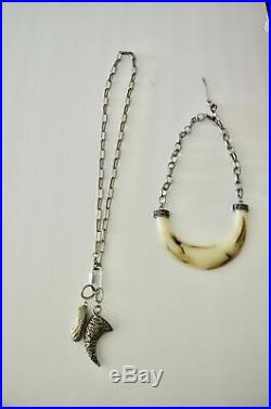 Ethnic Boho Huge Beige Resin Tribal Horn Silver Necklace with Long Link Chain Ca