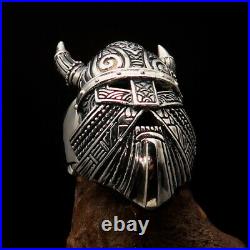 Excellent Men's Ring Viking Warrior Mask with Horns antiqued Sterling Silver