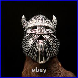 Excellent crafted Men's Viking Ring Mask with Horns antiqued Sterling Silver