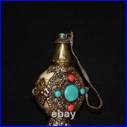 Exquisite Tibetan Silver Snuff Bottle with Cow Horn Inlay From Tibet, China