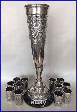 FABERGE Imperial Russian 1890s Wine Horn-Form Urn With 12 Beakers Set 84 Silver