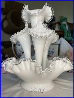FENTON LARGE WHITE EPERGENE WITH 4 HORNS AND SILVER TIPs