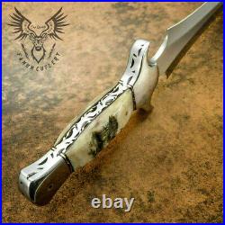 Fanum Custom Handmade D-2 Steel Ram Horn 17 Hunting Bowie With Leather Sheath