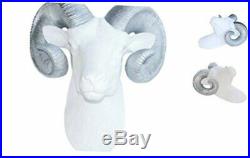 Faux Taxidermy Ram Head with Horns Wall Mount, White/Silver