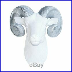 Faux Taxidermy Ram Head with Horns Wall Mount, White/Silver