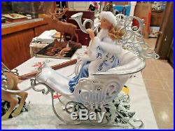 Festive Winter Reindeer & Sleigh With Woman withHorn Resin Blue Silver Musical KH