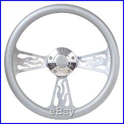 Flame Boat Steering Wheel 14 Inch Aluminum With Silver Vinyl Half Wrap, Horn