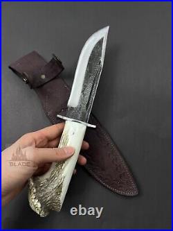 Forged Blade Handmade Carbon Steel Deer Stag Antler Handle Bowie Knife Hunting