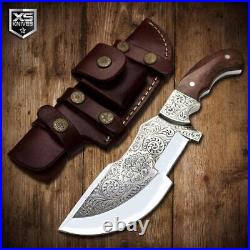 Full Tang HAND ENGRAVED Fixed Blade HORN HANDLE Knife Hunting + LEATHER Sheath