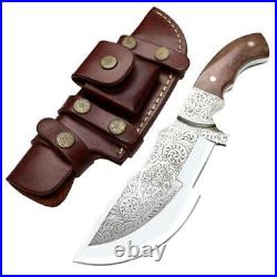 Full Tang HAND ENGRAVED Fixed Blade HORN HANDLE Knife Hunting + LEATHER Sheath