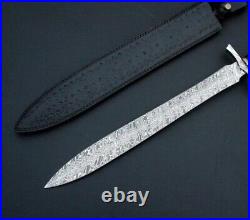 Genuine Handmade Damascus Steel Sword 30 Inches Fixed blade With Leather Sheath