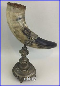 German Austrian Presentation Large Drinking Horn with Silver Fittings