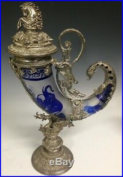 German Glass Horn Vessel With Ornate Silver Decoration And Base 19